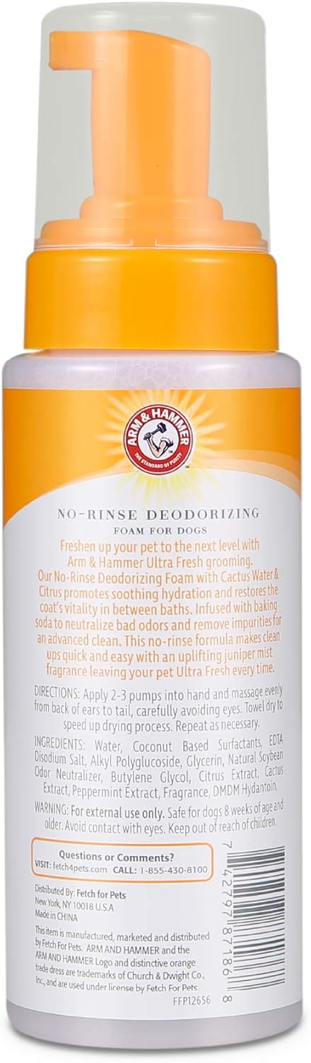 Arm & Hammer Ultra Fresh No Rinse Deodorizing Foam for Dogs, Juniper Mist, 8 Oz | Waterless Dog Shampoo | Baking Soda Neutralizes Bad Odors for an...