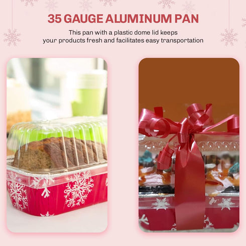 KitchenDance Disposable Aluminum Holiday 1 Lb Mini Loaf Pan with Clear Snap on Lid - 15 Ounces Aluminum Foil Pan for Baking, 9302X, (Red & Silver,...