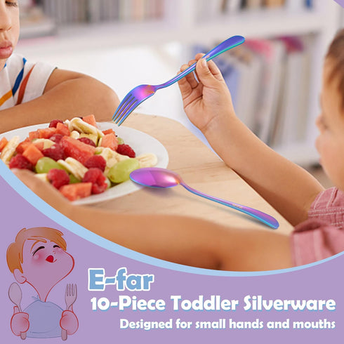 E-far Toddler Forks and Spoons Set, 10-Piece Stainless Steel Toddler Utensils Kids Safe Silverware for Self Feeding, Healthy & Non-Toxic, Rainbow...