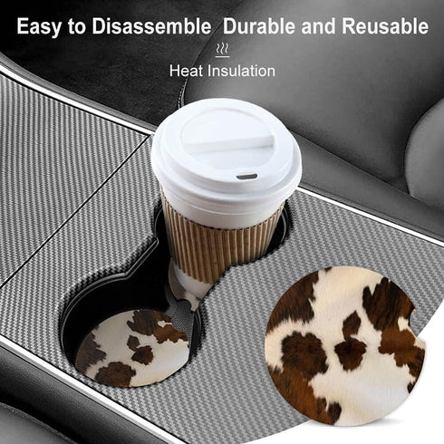 Absorbent Car Coasters 2 Pack for Women/Men,Cow Hide Car Coaster for Drinks,Ceramic Stone Car Cup Holder with A Finger Notch,Farm Animal Brown Cow...