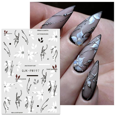 JMEOWIO 10 Sheets Glitter Flower Butterfly Leaves Nail Art Stickers Decals Self-Adhesive Pegatinas Uñas Black White Nail Supplies Nail Art Design ...