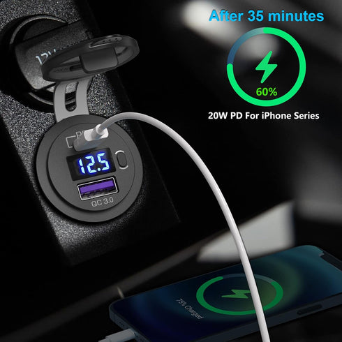 USB C Car Charger Socket, Qidoe 12V/24V Dual USB Outlet PD3.0 & QC3.0 Car USB Port with LED Voltmeter and ON/Off Switch DIY Car Socket for Car Boa...