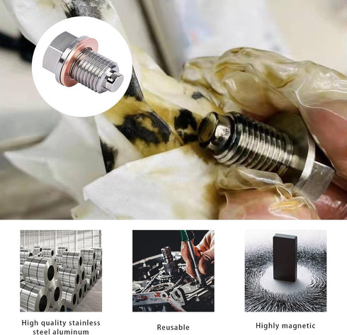 M14 x 1.5 Magnetic Oil Drain Plug, Stainless Steel Sump Drain Nut Bolt with 5 Crush Washer Gaskets, Leak-proof Oil Drain Plug Replacement for Most...