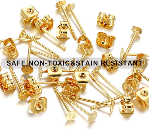 Huucky 450PCS Gold Earring Posts and Backs,Hypoallergenic Earring Studs for Jewelry Making,Stainless Steel Flat Pad with Butterfly and Rubber Bull...