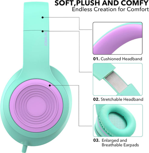 A8 Kids Headphones with Microphone, Lightweight Folding Stereo Bass Headphones with 1.5M No-Tangle Cord, Portable Wired Headphones for Smartphone ...