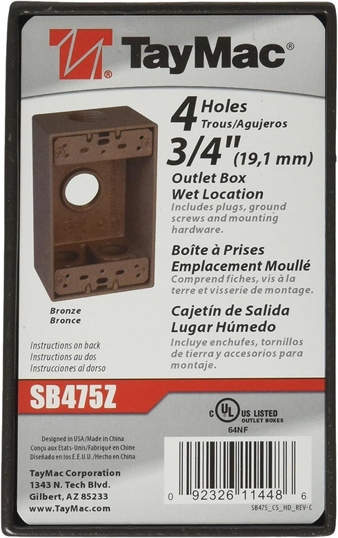 TayMac SB475Z Weatherproof Box, 1-Gang, (4) 3/4-Inch Outlets, Bronze...
