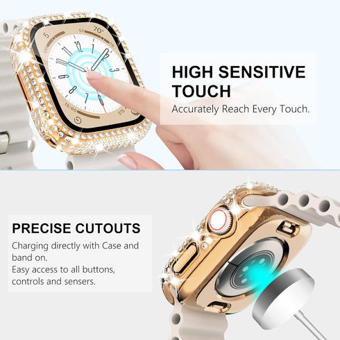 Wingle 2 Pack Waterproof Bling Case for Apple Watch 44mm Screen Protector SE Series 6 5 4, 2 in 1 Full Glitter Bling Diamond Rhinestone Bumper Fac...