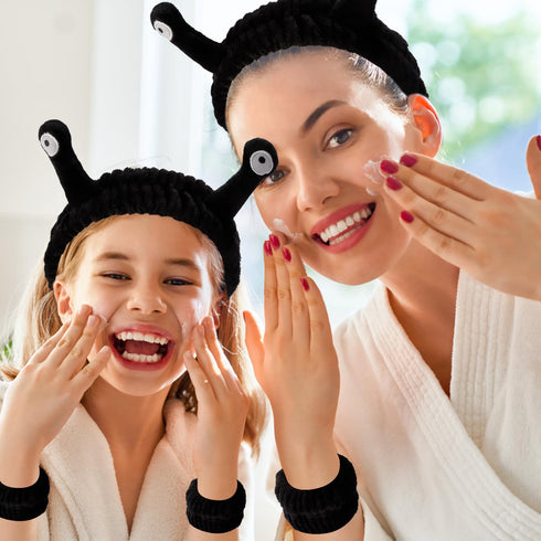 3pcs Snail Face Wash Headband and Wristband Set Black Funny Makeup Headband Puffy Skincare Spa Head Bands Cute Wrist Towels Hair Band for Washing ...