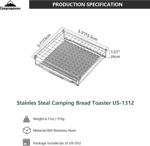 Campingmoon Camping Bread Toaster for Camp Stove Gas Fire BBQ Grill Portable 304 Stainless Steel Cooking Grill US-1312...