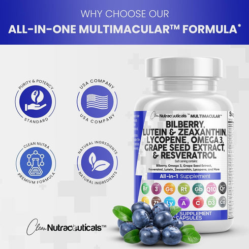 Eye Health Vitamins with Bilberry 6000mg Lutein & Zeaxanthin 40mg Lycopene 40mg Resveratrol 3000mg Grape Seed Extract 6000mg Omega 3 4000mg Astaxa...