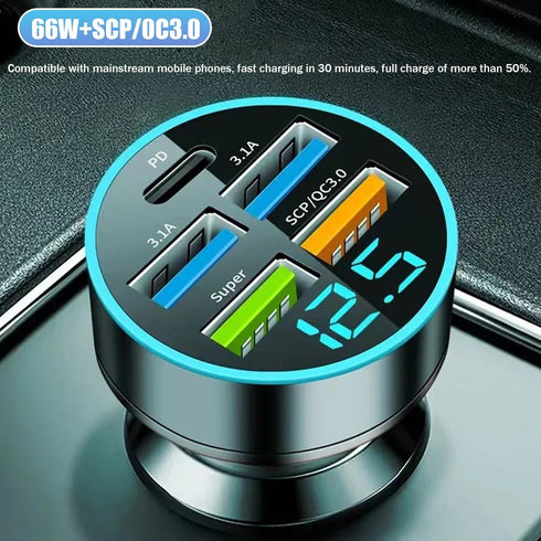 66W 5 Port Car Charger, 12-24V Quick Charge Automotive Fast Charging with USB PD Super QC 3.0 Cigarette Lighter Plug, Universal for SUV Truck RV 1...