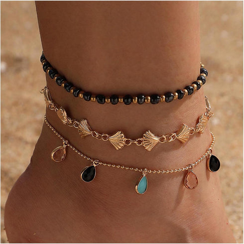 Boho Scallop Ankle Bracelet Gold Bead Anklet Bracelet Colorful Crystal Pendant Chain Anklet Colorful Crystal Dangle Anklet Foot Chain Jewelry for ...