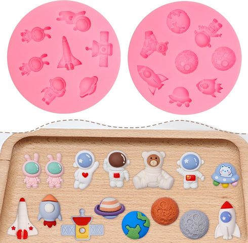 Astronaut Fondant Molds, Robot Rocket Planet Polymer Clay Molds for Jewelry Making, Moon Spaceship Clay Earring Molds Set of 2, Pink...
