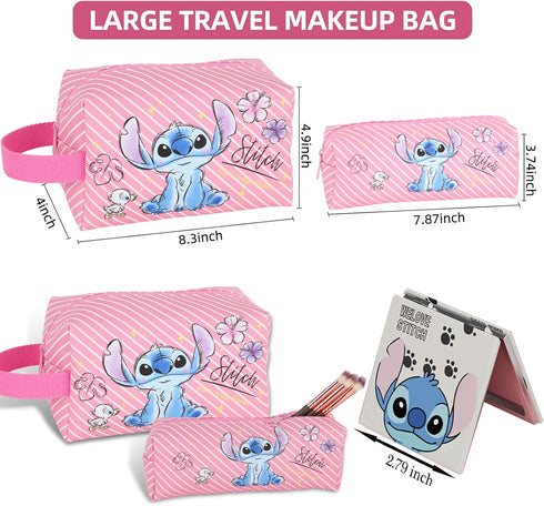 Stitch Stuff Travel Cosmetic Bag + Double Sided Cosmetic Mirror + a makeup brush bag, Large Capacity PU Travel Toilet Bag Makeup Accessories Organ...