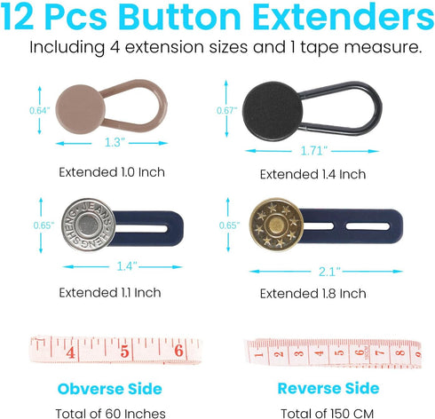 12PCS Button Extenders for Jeans, Pants Button Extender with a Tape Measure, Waist Extenders for Pants for Women Men, No Sewing Waistband Extensio...