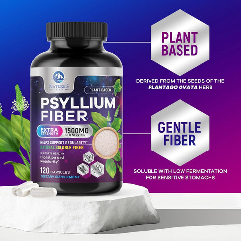 Psyllium Husk Powder Caps 1500mg - Non-GMO, Natural Soluble Fiber for Daily Digestive Health & Regularity Support, Vegan Psyllium Fiber Supplement...