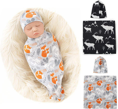 Galabloomer Newborn Swaddle Blanket with Beanie Set Baby Boy Receiving Blanket Rainbow (Deer& White Fox)...