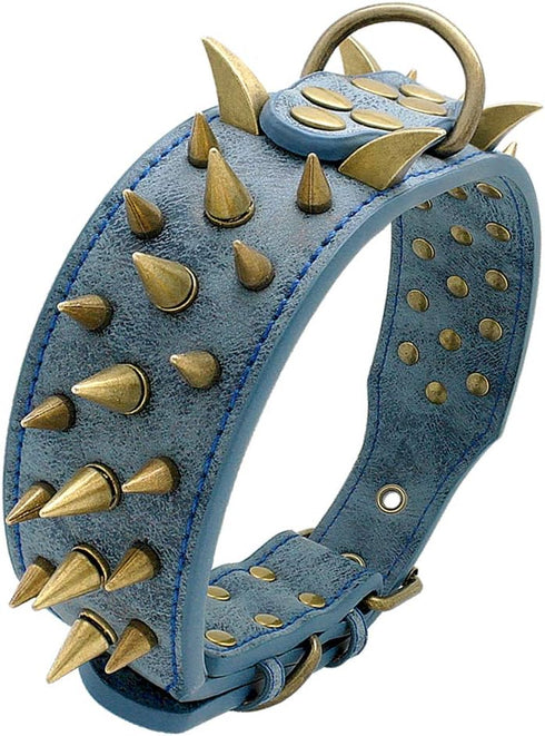 2" Spiked Leather Dog Collar - Anti-Bite Sharp Rivet Studded for Pit Bull Medium Large Dogs,Blue Neck for 14-19" Total Length 21.5"...