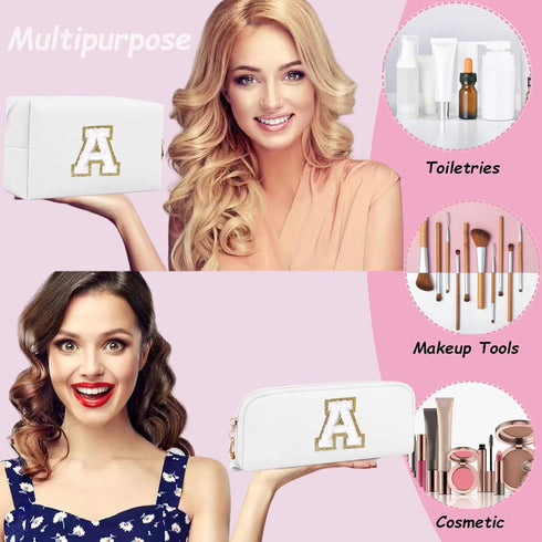 Initial Cosmetic Bag for women,2PCS Personalized Makeup Bag Small Cute PU Leather Chenille Letter Toiletry Bag,Makeup Brushes Aesthetic Accessorie...