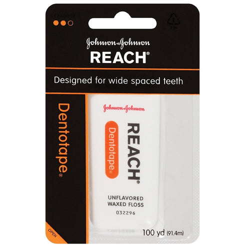 Reach Dentotape Waxed Dental Floss with Extra Wide Cleaning Surface for Large Spaces between Teeth, Unflavored, 100 Yards (Pack of 3)...