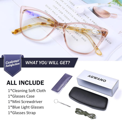 AQWANO Computer Oversized Reading Glasses Women Blue Light Blocking, Vintage Designer Cat Eye Readers Anti Eye Strain Glare UV Ray Eyeglasses, Cha...
