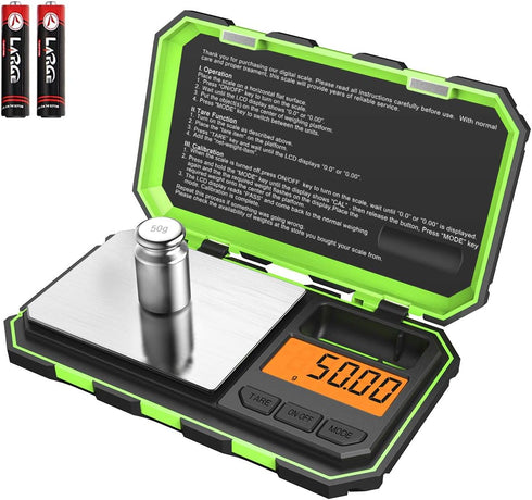 AMIR Mini Digital Weighing Scale, 100g-0.01g Pocket Scale with 50g Calibration Weight, Tare & Auto Off Function, Green (Battery Included)...