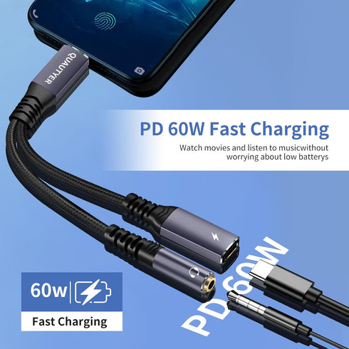 USB c to Aux Headphone Adapter,USB C to 3.5mm Headphone and Charger Adapter,USB C to AUX Mic Jack with PD 60W Fast Charging for Samsung Galaxy S20...