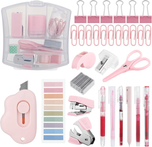 Mini Office Supply Kit Includes Stapler Tape Dispenser Staple Remover Paper Clips Scissor Staples Pen Sharpener Note Small Telescopic Knife for Of...