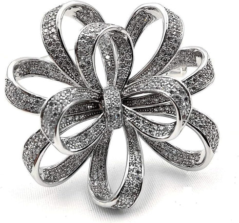Vintage Silver Tone Micro Pave Crystal Floral Shaped Ribbon Brooch Wedding Pin Jewelry...