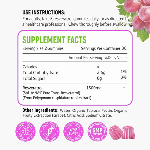 Sugar Free Resveratrol Gummies 1500mg - High Purity Resveratrol Supplement for Antioxidant, Healthy Aging, Skin, Brain, Organic - 60 Gummies...