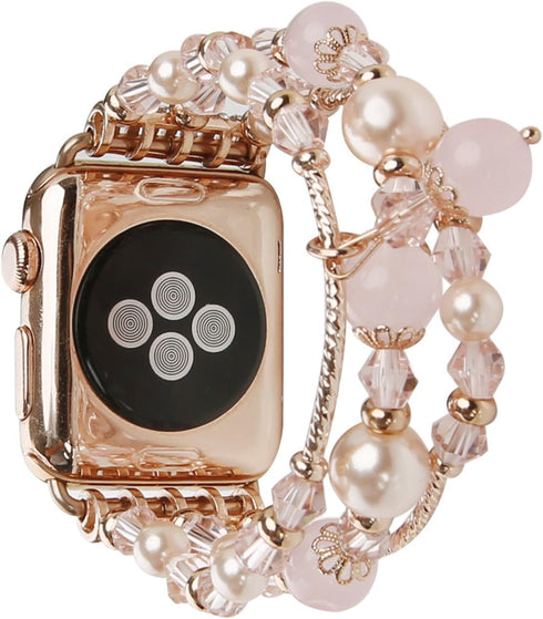 GEMEK Compatible With Apple Watch Band 38/40/41mm Rose Gold Women Pearl Bracelet Strap, Fashion Handmade Elastic Agate Replacement for iWatch Band...