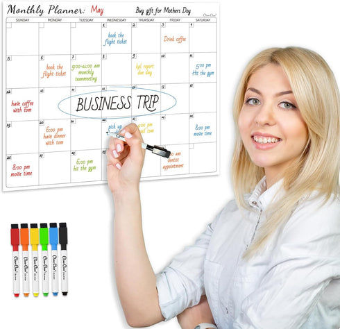 Clever Clean Non-Magnetic Dry Erase Calendar for Fridge, Reusable Calendar with 6 Dry Erase Markers, Whiteboard Calendar Sticks to Any Smooth Surf...