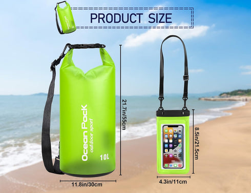 2 pieces Waterproof Dry Bag for Women and Men, 10L Roll Top Waterproof Backpack Sack with Waterproof Phone Case, for Hiking, Backpacking, Kayaking...