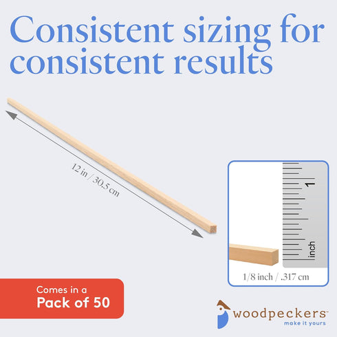 Wood Square Dowel Rods 1/8 inch x 12 Pack of 50 Wooden Craft Sticks for Crafts and Woodworking by Woodpeckers...