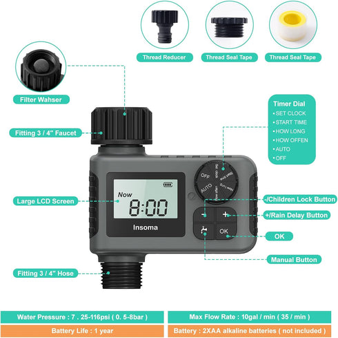 Outdoor Garden Hose Faucet Timers, Programmable Water Sprinkler Timer with Rain Delay/Manual/Automatic Drip Irrigation and Lawn Watering System fo...