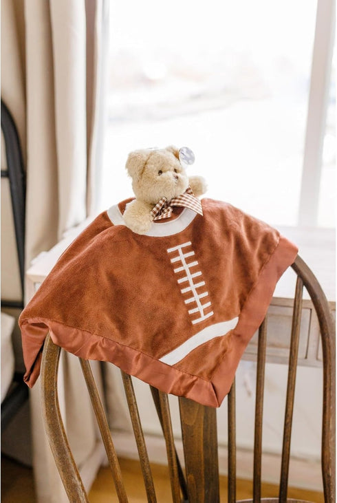 Bearington Collection Touchdown Snuggler Plush Football Lovey - 15-Inch Satin & Velour Security Blanket for Babies - Soft Plush Newborn Baby Footb...