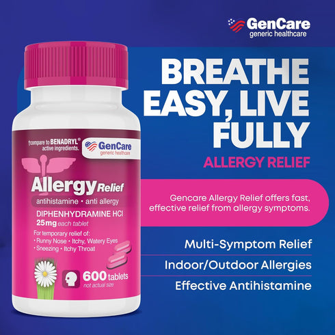 GenCare - Allergy Relief Medicine | Antihistamine Diphenhydramine 25mg (600 Tablets Per Bottle) Value Pack | Relieve for Itchy Eyes, Sneezing, Run...