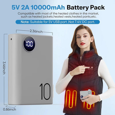 5V 2A Power Bank for Heated Vest, Pocket Size 10000mAh Heated Jacket Battery Pack, LCD Display Portable Charger for Heated Coat,Heated Pants,Heate...