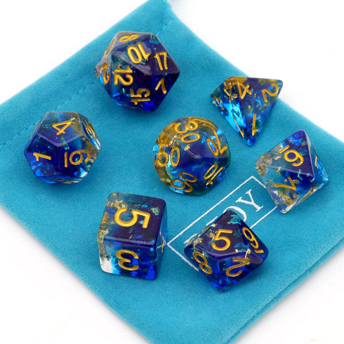 Blue Resin DND Dice Set Polyhedral D&D Dragon Dice for Dungeons and Dragons Gifts Pathfinder Shadowrun Role Playing Games-Navy Blue Clear Gold Fla...