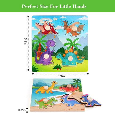 Wooden Peg Puzzles for Toddlers 1-3, Kids Educational Preschool Peg Puzzle Toy Ages 2-4, Set of 4 Dinosaur Toddler Puzzles, Ideal Gift for Ages 1 ...