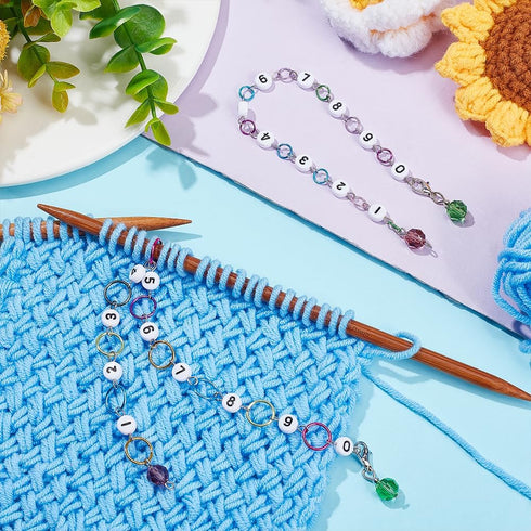 NBEADS 2 Pcs Glass Number Beads Knitting Row Counter Chains, Link Beads Stitch Marker Row Counter Chains with Aluminum Linking Ring for Sewing Kni...