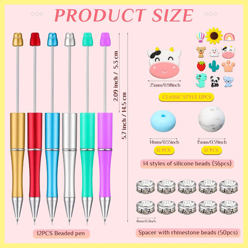 Ctosree 12 Pcs Beadable Pens Kit Silicone Focal Beads for Beadable Pens DIY Cute Animals Bead Pens Making Kit Cow Dinosaur Rainbow Beaded Ballpoin...
