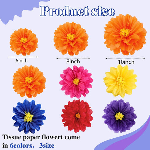Geyee 18 Pcs Mexican Paper Flowers Colorful Fiesta Tissue Paper Flowers Pom Poms Mexican Carnival Paper Flowers for Floral Party Backdrop Wedding ...