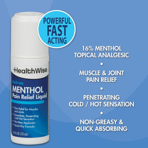 HealthWise 16% Menthol Roll-On | Cold Hot Sensation | Pain Relief Liquid | 2.5 oz. 73 mL | Non-Greasy Formula | Immediate Penetrating Action | Top...
