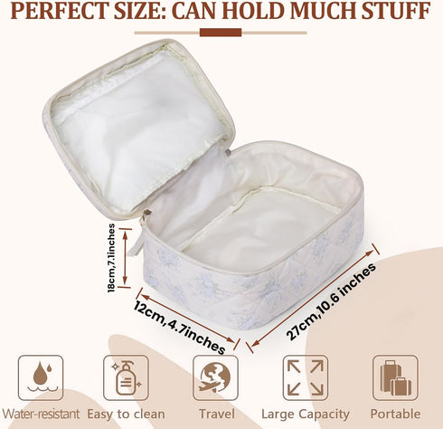 Large Quilted Makeup Bag,Travel Coquette Cosmetic Bag, Aesthetic Cute Floral Toiletry Organizer skincare Bag for Women Girls,Elegant Makeup Essent...