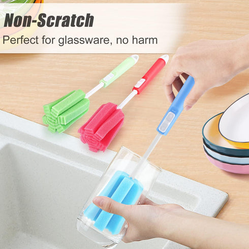 3 Pack Sponge Cleaning Brush Soft Foam Sponges Bottle Scrubber Dishwashing Brushes with Adjustable Long Plastic Handle for Home Kitchen Baby Bottl...