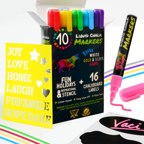 Vaci Neon Liquid Chalk Markers - Erasable Chalk Pens for Chalkboard, Car Window, Glass, Mirror, Blackboard with Reversible Fine Tip - 10 Pack...