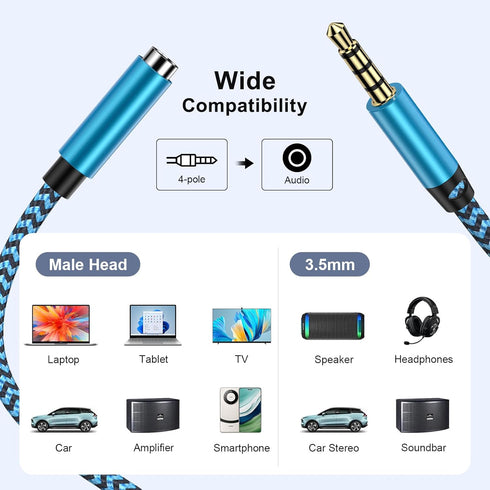 Headset Extension Cable 4 Pole TRRS Hi-Fi Sound Stereo Male to Female 3.5mm Audio Cable Headphone Jack Extender with Microphone for iPhone iPad Sm...