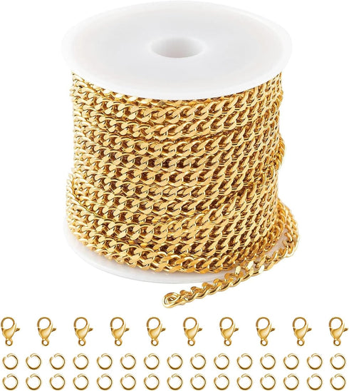 Kyutong 16.4 Feet Gold Plated Craft Chains for Jewelry Making Stainless Steel Curb Chain Roll Twisted Chain Links for Women Men Necklace Bracelet ...