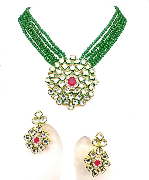 Jewar Necklace Layered Onyx Crystal Beads Gold Plated Pearl Polki Ad Cz Multi Stones Gold Tone Meena Work With Matching Earrings Long Jewelry Set ...